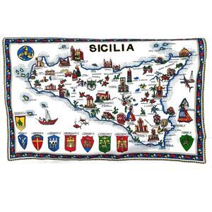 Vintage Sicilia Cotton Tea Towel Souvenir Wall Hang Map Landmark Tapestry Italy